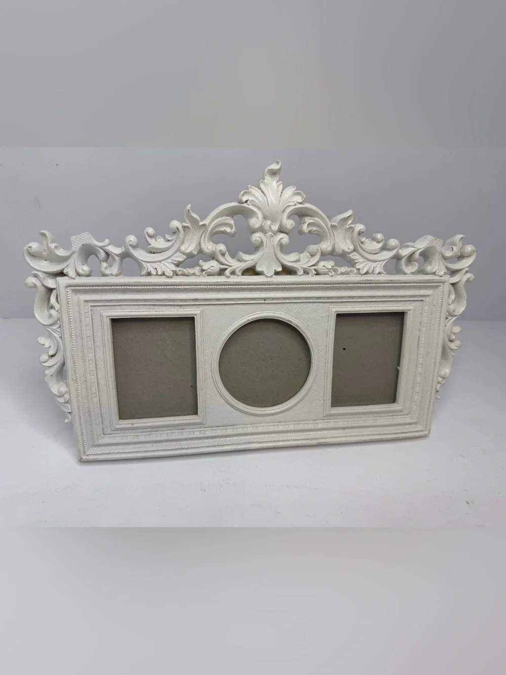 White Resin 3-Photo Frame Ornate Scroll Top 13371-WH Vintage Shabby Chic